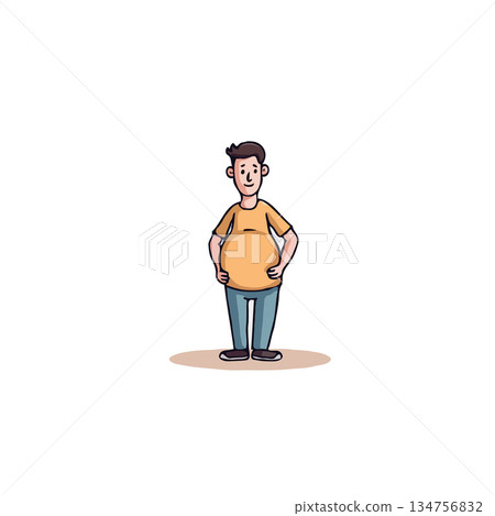 Cartoon illustration depicts a man with a prominent belly standing confidently in a relaxed pose, Cartoon illustration depicts a man with a prominent belly standing confidently in a relaxed pose, 134756832
