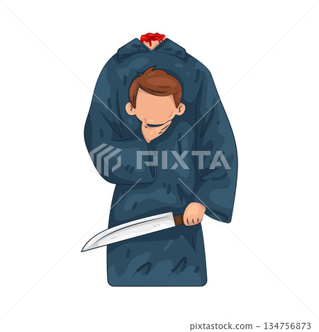 Illustration of headless person holding a large knife 134756873