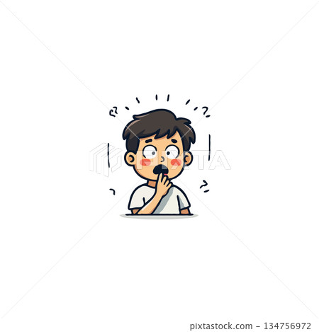 Worried young boy cartoon character with concerned expression showcasing anxiety and a surprising Worried young boy cartoon character with concerned expression showcasing anxiety and a surprising 134756972