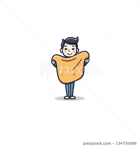 Cartoon boy playfully wearing an oversized yellow cloth standing isolated on a clean white 134756986