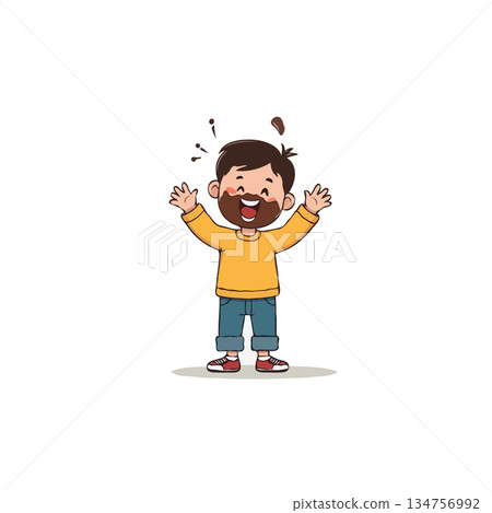 Joyful cartoon boy celebrating with open arms showing happiness from clean face and enjoying 134756992