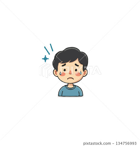 Cartoon boy exhibiting sadness and sparkling frustration, showcasing emotion with teardrops near 134756993