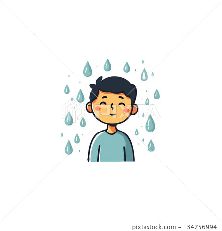 Cartoon character enjoying a gentle rain shower illustration conveying cheerful and serene scene 134756994