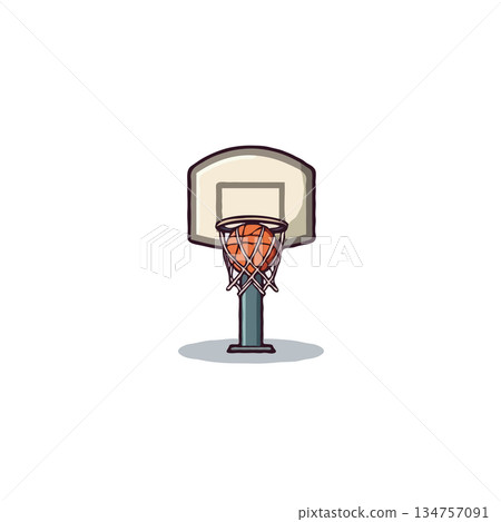 Illustration of a basketball swishing through the net in a simplistic and stylized design evoking 134757091