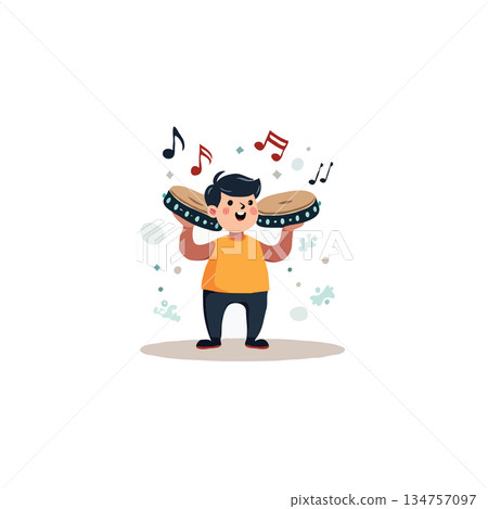 Enthusiastic young drummer joyfully playing percussion instruments while surrounded by musical Enthusiastic young drummer joyfully playing percussion instruments while surrounded by musical 134757097