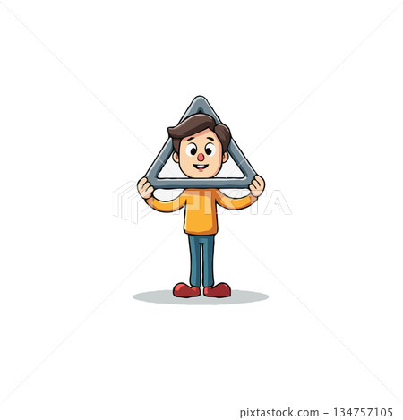 Playful cartoon boy holding a triangle above his head creating a fun geometry character illustration Playful cartoon boy holding a triangle above his head creating a fun geometry character illustration 134757105
