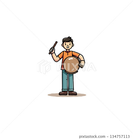 Enthusiastic cartoon percussionist joyfully displaying his drum and stick showcasing musical 134757113