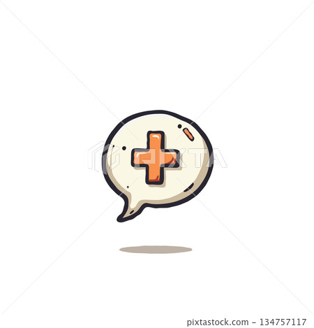 Illustration of a stylized speech bubble containing a prominent medical cross symbol for health 134757117