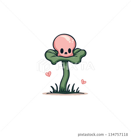 Whimsical illustration showing a skull with hearts growing from a plant adding a unique twist to 134757118