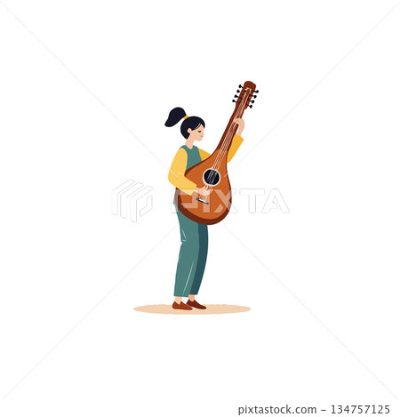 Captivating illustration of a young woman with dark hair lovingly playing a unique stringed Captivating illustration of a young woman with dark hair lovingly playing a unique stringed 134757125