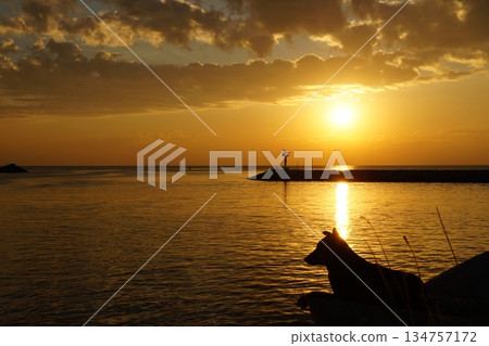 Golden sunrise from behind the horizon. 134757172