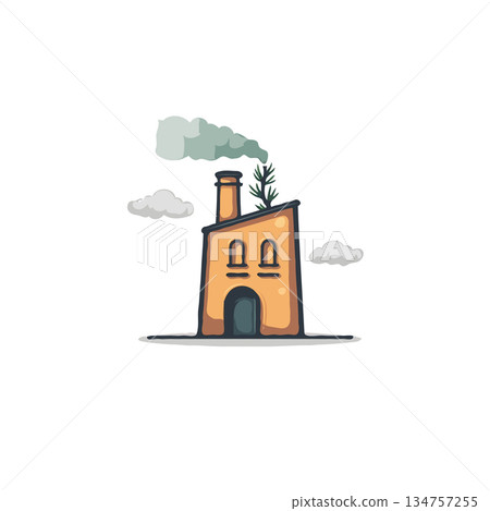 Stylized industrial building releasing non-threatening smoke into the atmosphere with an Stylized industrial building releasing non-threatening smoke into the atmosphere with an 134757255