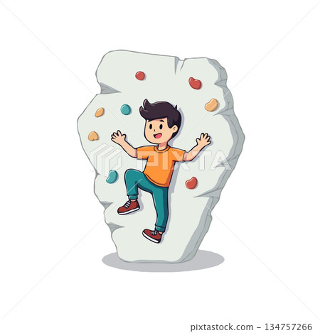 Enthusiastic young climber ascends playful cartoon indoor wall demonstrating physical activity and 134757266