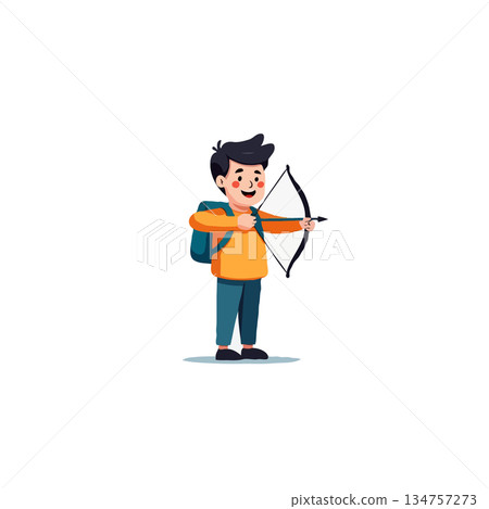 Young archer with backpack poised aiming bow illustration for design projects and educational 134757273