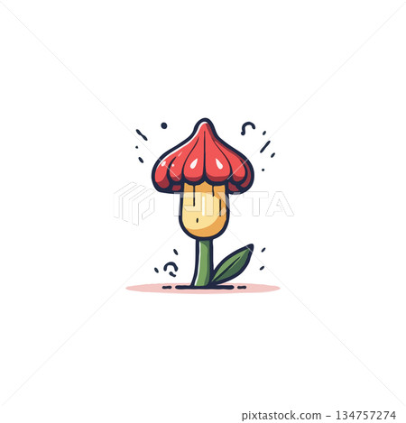 Stylized single mushroom depiction with red cap and yellow stalk adding whimsy and fantastical Stylized single mushroom depiction with red cap and yellow stalk adding whimsy and fantastical 134757274