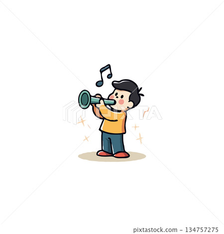 Joyful music creation: A young boy passionately playing a green trumpet with musical notes Joyful music creation: A young boy passionately playing a green trumpet with musical notes 134757275
