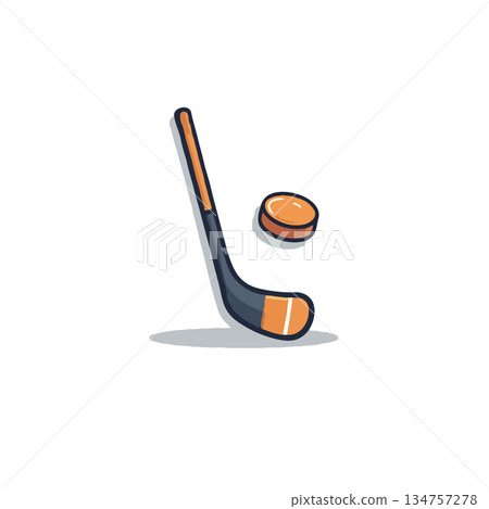 Stylized hockey equipment illustration showcasing a stick and puck on a clean white backdrop 134757278