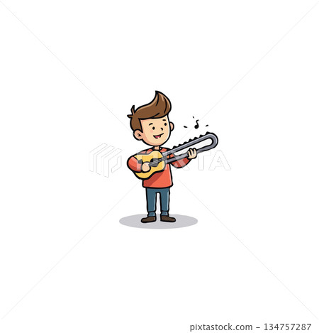 Cartoon boy playing a uniquely designed ukulele with musical notes floating around his head Cartoon boy playing a uniquely designed ukulele with musical notes floating around his head 134757287