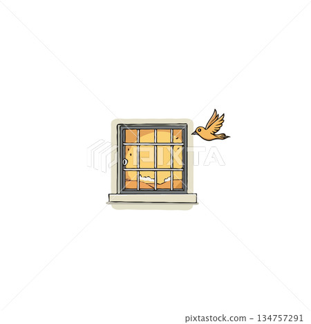 A hopeful illustration depicts small bird escaping a window towards freedom on white background 134757291