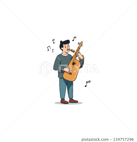 A man playing unique stringed instrument with musical notes displaying harmonic resonance around 134757296