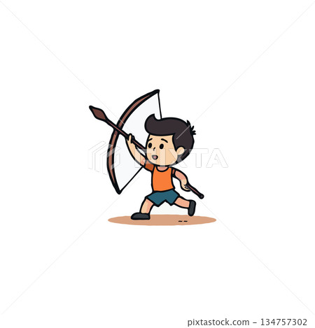 Cartoon illustration of a young boy aiming a bow and arrow with determination and youthful vigor 134757302