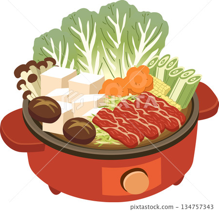 asian hot pot dinner illustration with beef slices vegetables and tofu asian hot pot dinner illustration with beef slices vegetables and tofu 134757343