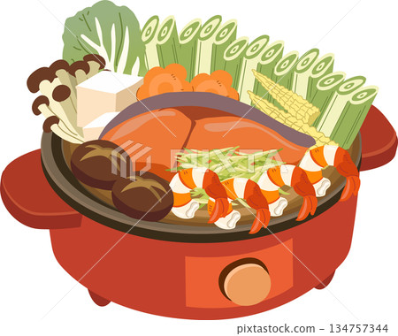 seafood hot pot with fresh vegetables, tofu and mushrooms, representing Japanese and Asian comfort food for seasonal cooking 134757344