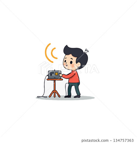 Cartoon boy operating vintage radio transmitter for broadcasting musical notes to communicate with 134757363