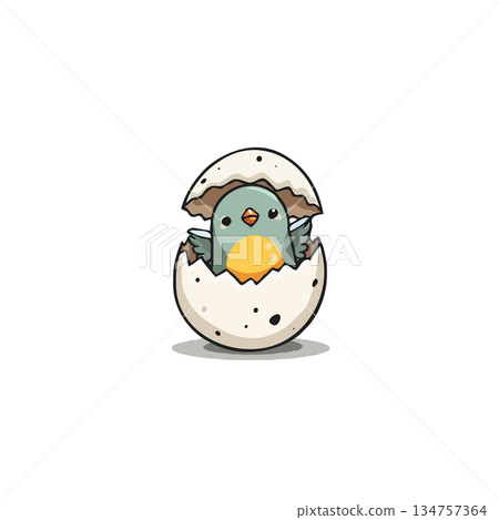 Adorable little bird hatching from a speckled egg, symbol of new beginnings and springtime Adorable little bird hatching from a speckled egg, symbol of new beginnings and springtime 134757364