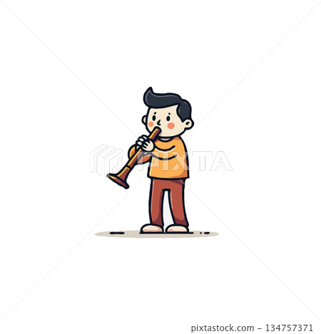 Illustration of a young boy playing a musical instrument gracefully with an expressive and Illustration of a young boy playing a musical instrument gracefully with an expressive and 134757371