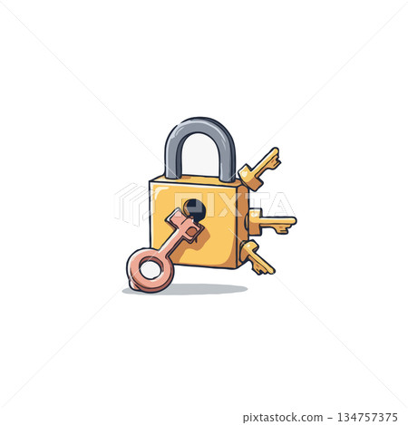 Illustration depicting a secure padlock surrounded by multiple keys symbolizing access and Illustration depicting a secure padlock surrounded by multiple keys symbolizing access and 134757375