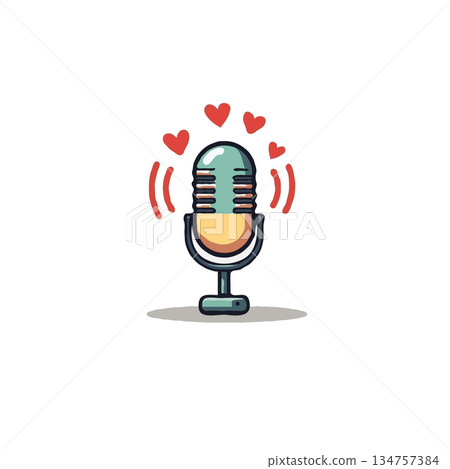 Charming podcasting emblem displaying affection audio broadcast with heart symbols radiating 134757384