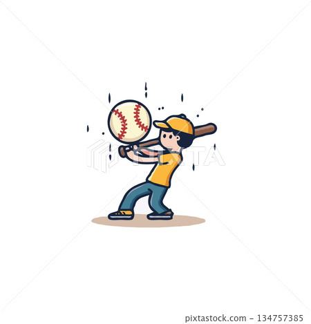 Animated baseball player swinging bat illustrating sport and recreation with youthful energy in 134757385