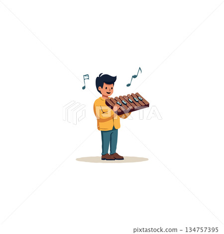 Joyful young musician passionately playing a melodic xylophone composition under musical notes in Joyful young musician passionately playing a melodic xylophone composition under musical notes in 134757395
