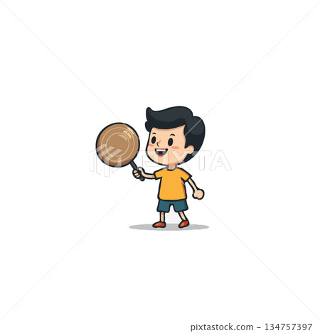 Cartoon boy joyfully displaying large lollipop, illustration presenting sweet treat, cheerful 134757397