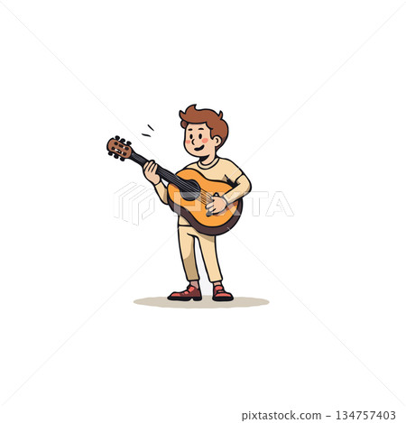 A young boy enthusiastically playing acoustic guitar radiating joy through the charming cartoon 134757403