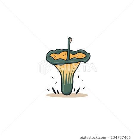 Whimsical illustration of a stylized mushroom with a unique stem on white surface creating a Whimsical illustration of a stylized mushroom with a unique stem on white surface creating a 134757405