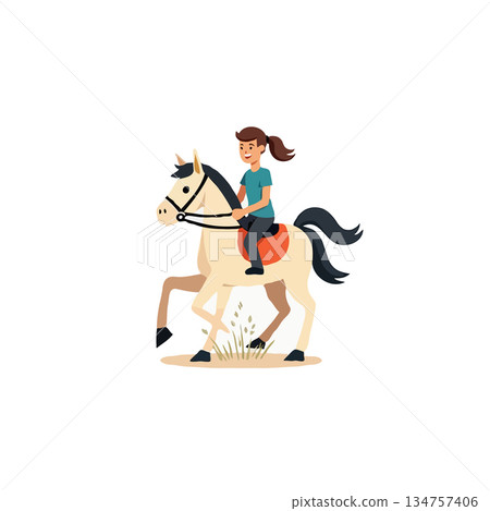 Enchanting equestrian journey: A young girl riding a beautiful horse across an open grassy field Enchanting equestrian journey: A young girl riding a beautiful horse across an open grassy field 134757406