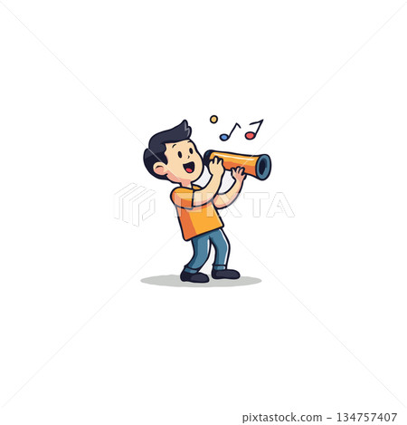 Joyful young boy making music with a cardboard tube against a bright isolated backdrop enhancing 134757407