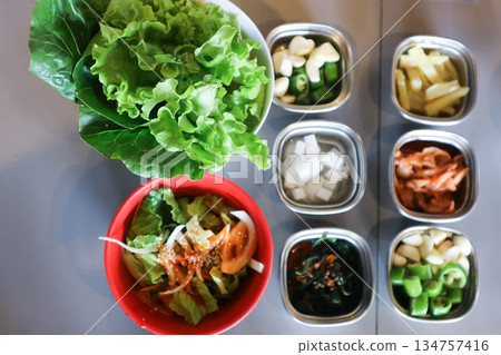 vegetable and salad , Korean salad and Kimchi or seaweed salad or Korean food vegetable and salad , Korean salad and Kimchi or seaweed salad or Korean food 134757416