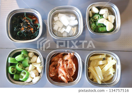 vegetable and salad , Korean salad and Kimchi or seaweed salad or Korean food vegetable and salad , Korean salad and Kimchi or seaweed salad or Korean food 134757516
