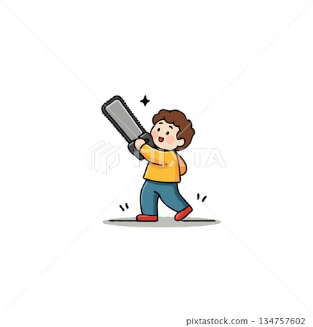 A cheerful cartoon child carrying a chainsaw with determined expression ready to work on his 134757602