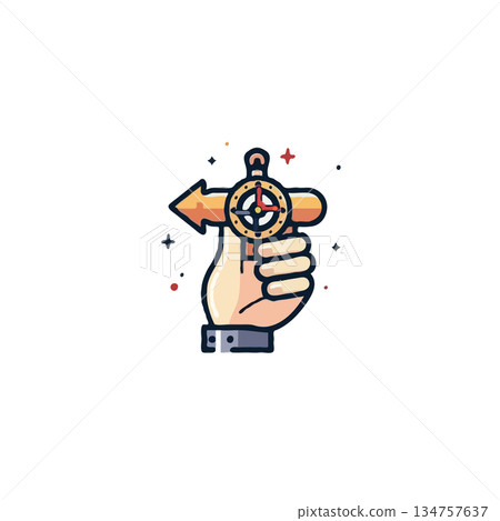 Conceptual direction guidance illustration of hand holding pointer with central navigational Conceptual direction guidance illustration of hand holding pointer with central navigational 134757637
