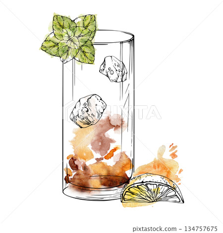 Layered Long Island iced tea, punch, mai tai drink with citrus slice, mint leaves garnish on rim, ice cubes. Ink and watercolor isolated illustration for cocktail sets, product labels, digital prints. Layered Long Island iced tea, punch, mai tai drink with citrus slice, mint leaves garnish on rim, ice cubes. Ink and watercolor isolated illustration for cocktail sets, product labels, digital prints. 134757675