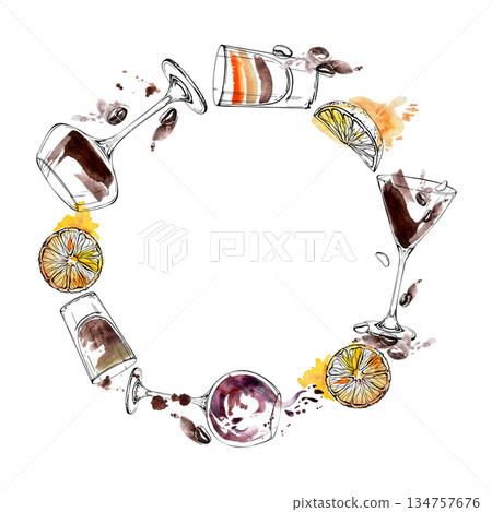 Amber coffee beans, chocolate splatter cocktail, layered shots, wine and beer glasses with orange wheels garnish. Wreath frame in ink and watercolor textures. Hand drawn for premium branding, posters. Amber coffee beans, chocolate splatter cocktail, layered shots, wine and beer glasses with orange wheels garnish. Wreath frame in ink and watercolor textures. Hand drawn for premium branding, posters. 134757676