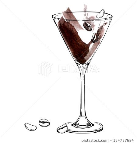 Coffee-based Espresso Martini cocktail with arabica and robusta beans garnish, chocolate watercolor splatter, ink outline. Hand-drawn illustration for bar graphics, recipe visuals, digital print sets. 134757684