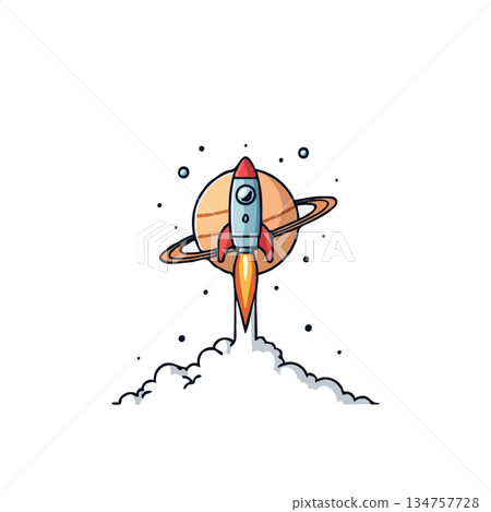 Whimsical cartoon rocket soaring from clouds towards a planet with rings on a white background Whimsical cartoon rocket soaring from clouds towards a planet with rings on a white background 134757728
