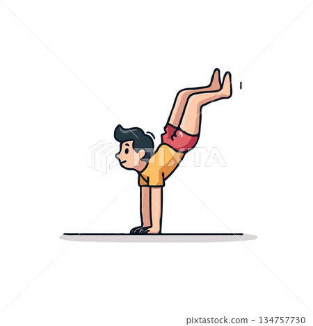 Cartoon illustration showing a person performing a handstand with focused expression and poised 134757730