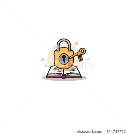 Unlocking knowledge: a stylized lock and key resting on an open book symbolizing learning and 134757732