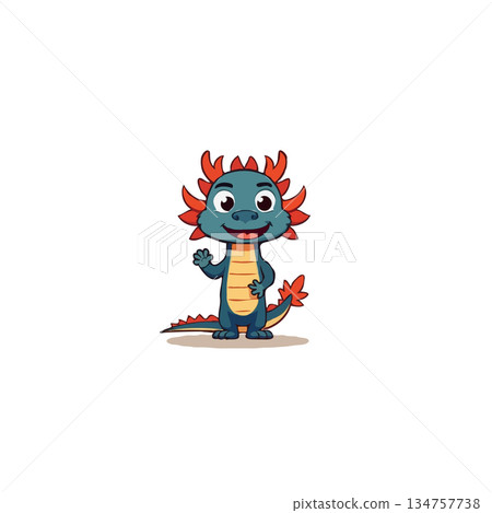 Adorable cartoon dragon character waving its hand isolated on white background for children 134757738